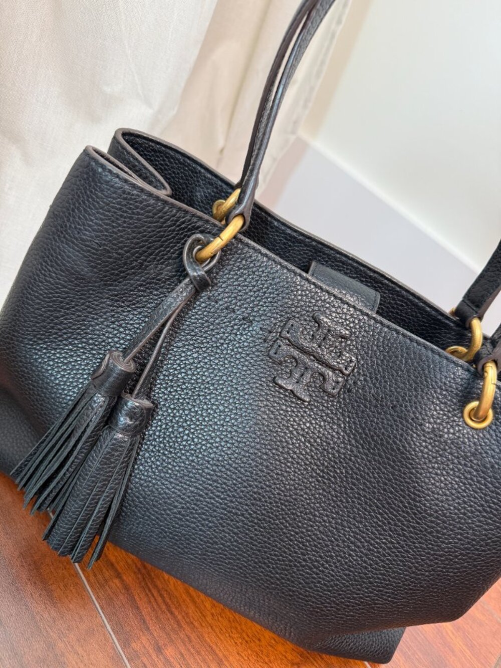 Tory Burch Black Pebbled Leather Shoulder Bag McGraw Triple Compartment Tote - Picture 2 of 8